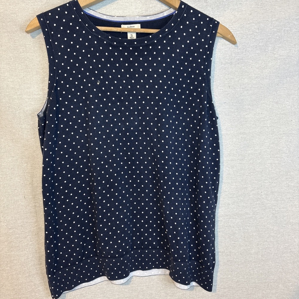 L.L Bean Supima Cotton Top Womens XL Sleeveless Blue Polka Dot Tank Soft Stretch